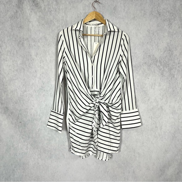 White and black strip button down long sleeve shirt wrap dress linen - Picture 4 of 13